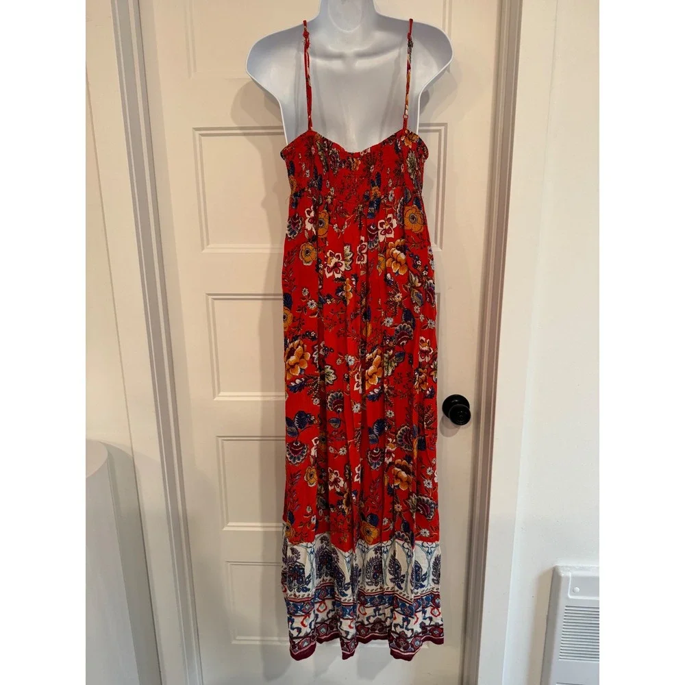 Patrons of Peace Red Floral Boho Maxi Dress Crochet Trim Smocked Back Medium - Picture 3 of 7